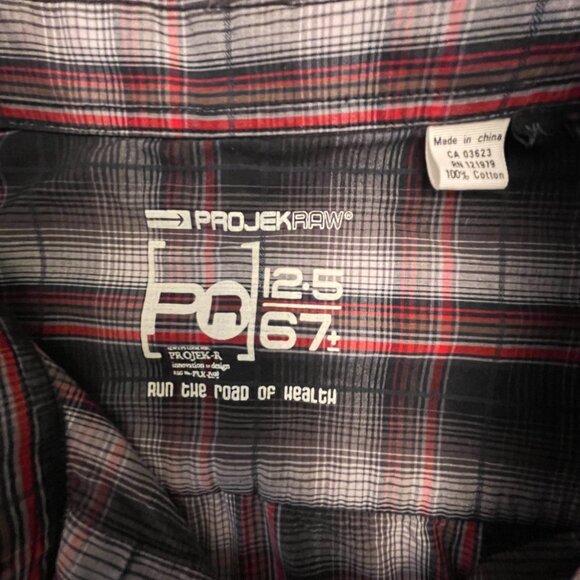 Projek Raw Shirt Mens XL Black Red Gray Plaid Graphic Button Up Long Sleeve - Picture 9 of 12
